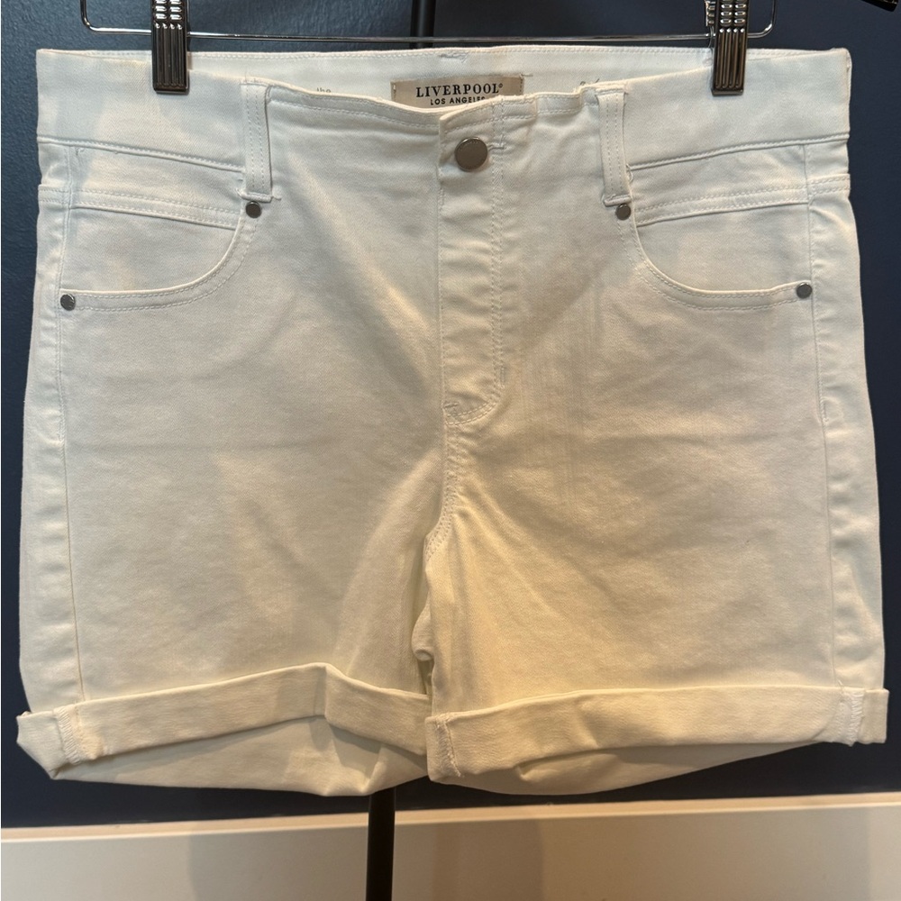 Liverpool White Jean Shorts Relaxed Fit Mid-Thigh with Roll Cuff